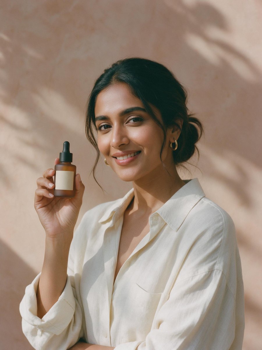 A creator holding up her own serum bottle