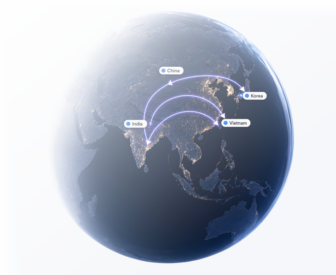 A globe showing Arta's sourcing routes between India, China, Korea and Vietnam