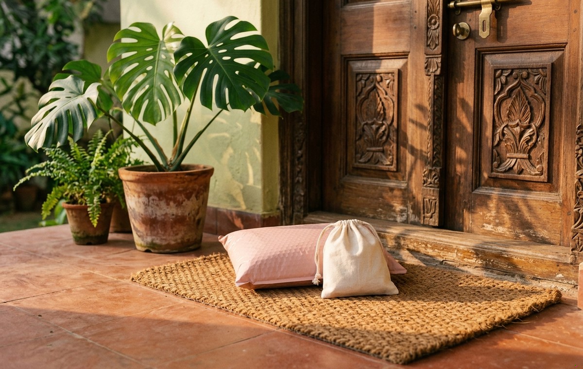 A customer order delivered to an Indian doorstep at golden hour