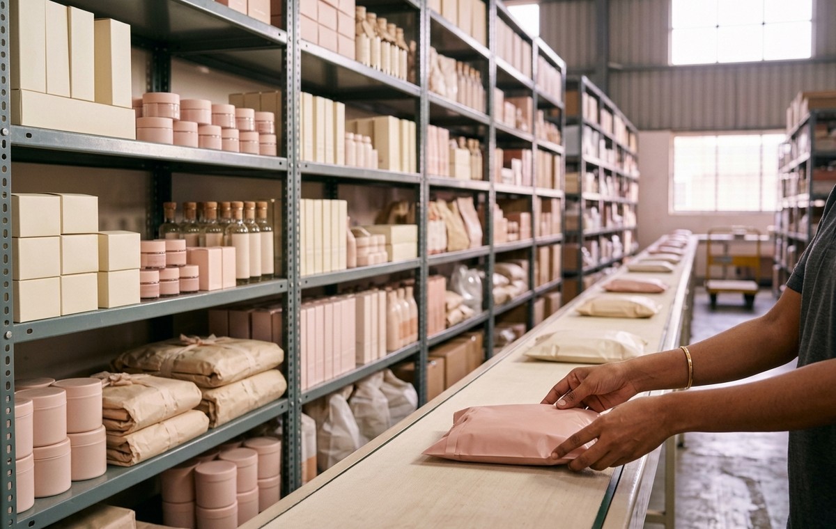 Packed orders moving along a conveyor in an Arta fulfilment warehouse